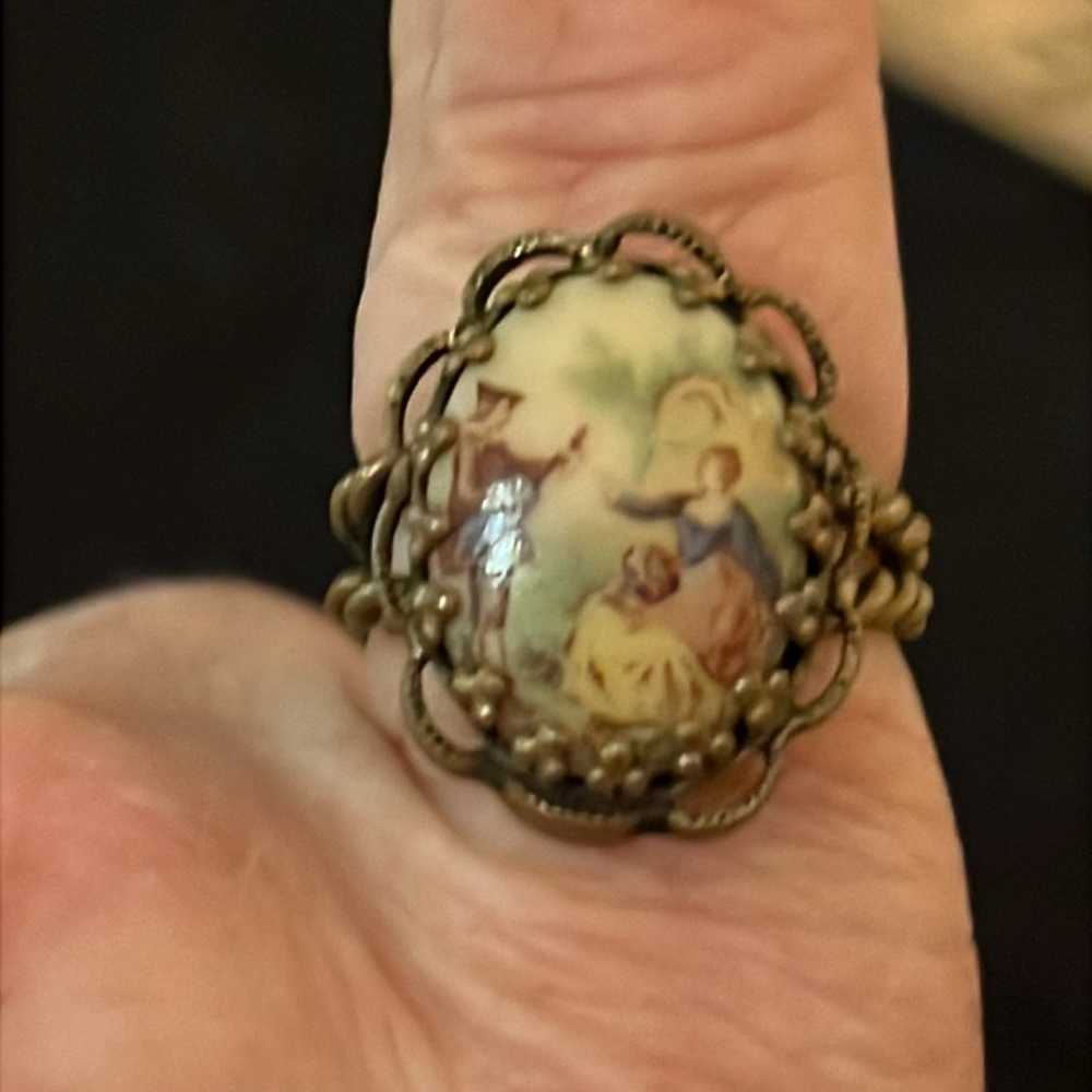 Vintage West Germany painted Cameo Ring adjustable